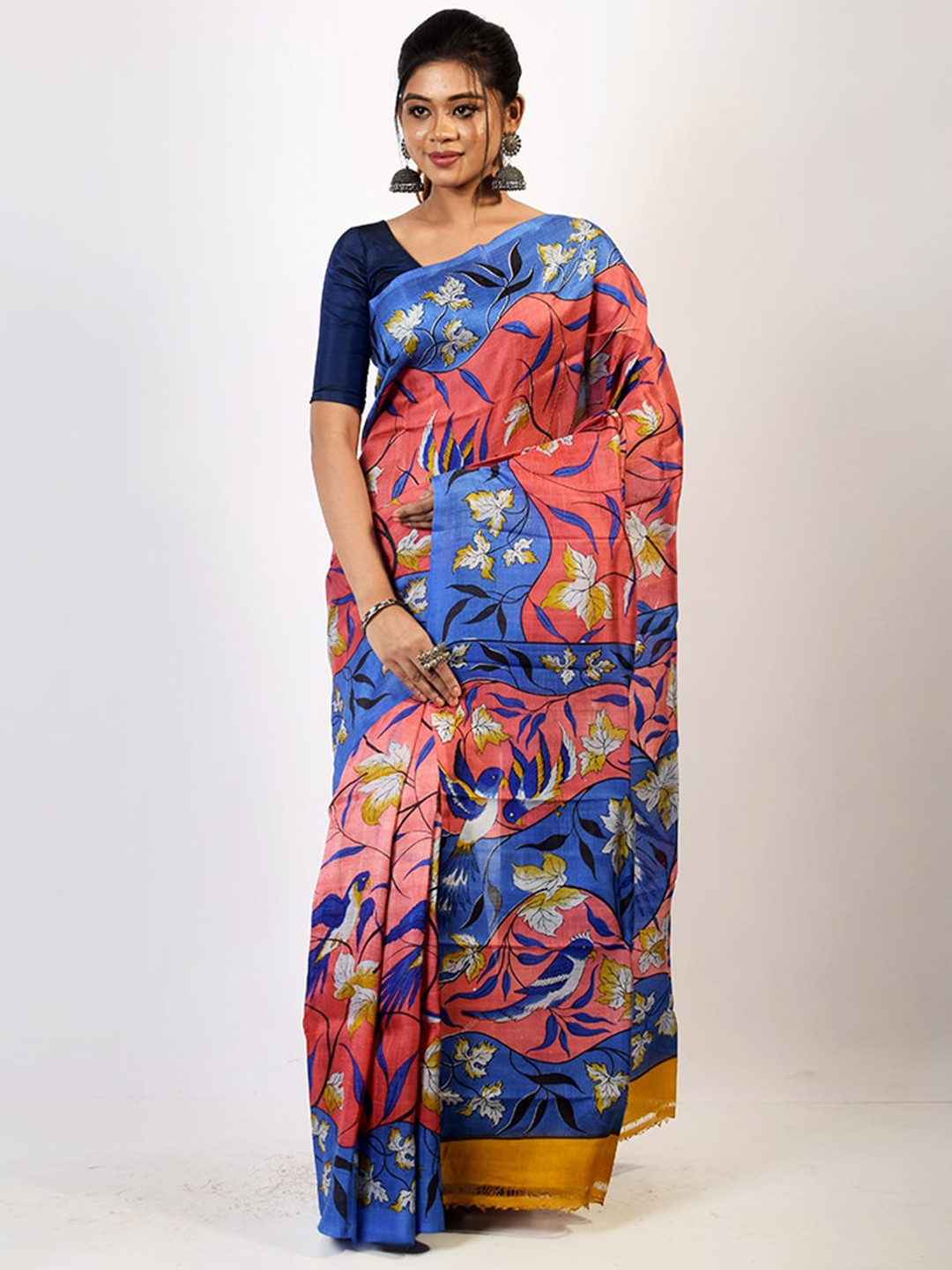 

AllSilks Pink & Blue Floral Pure Silk Murshidabad Saree