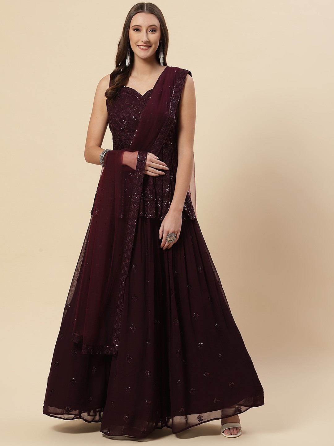 

Meena Bazaar Burgundy Embroidered Sequinned Ready to Wear Lehenga & Blouse With Dupatta