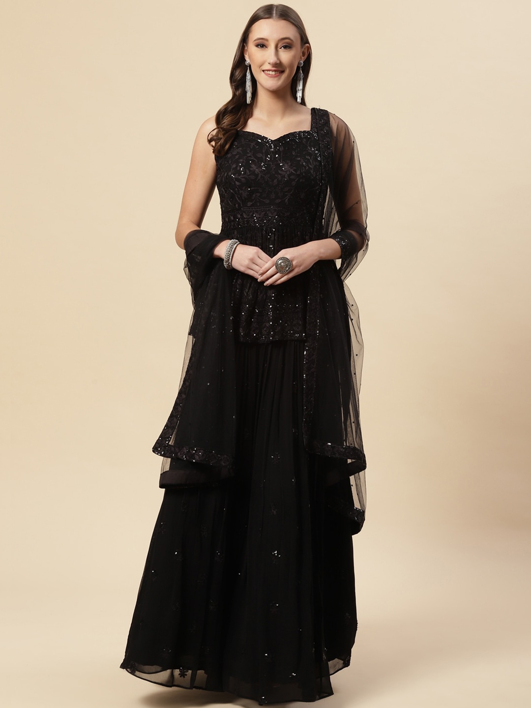 

Meena Bazaar Black Embroidered Sequinned Ready to Wear Lehenga & Blouse With Dupatta