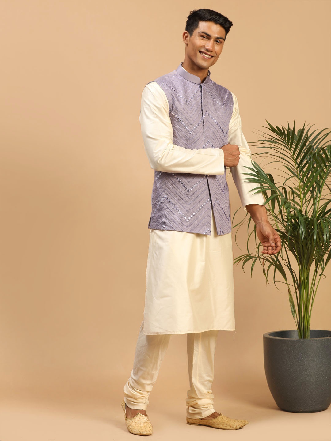 VASTRAMAY Straight Kurta With Churidar & Mirror Work Nehru Jacket, Cream