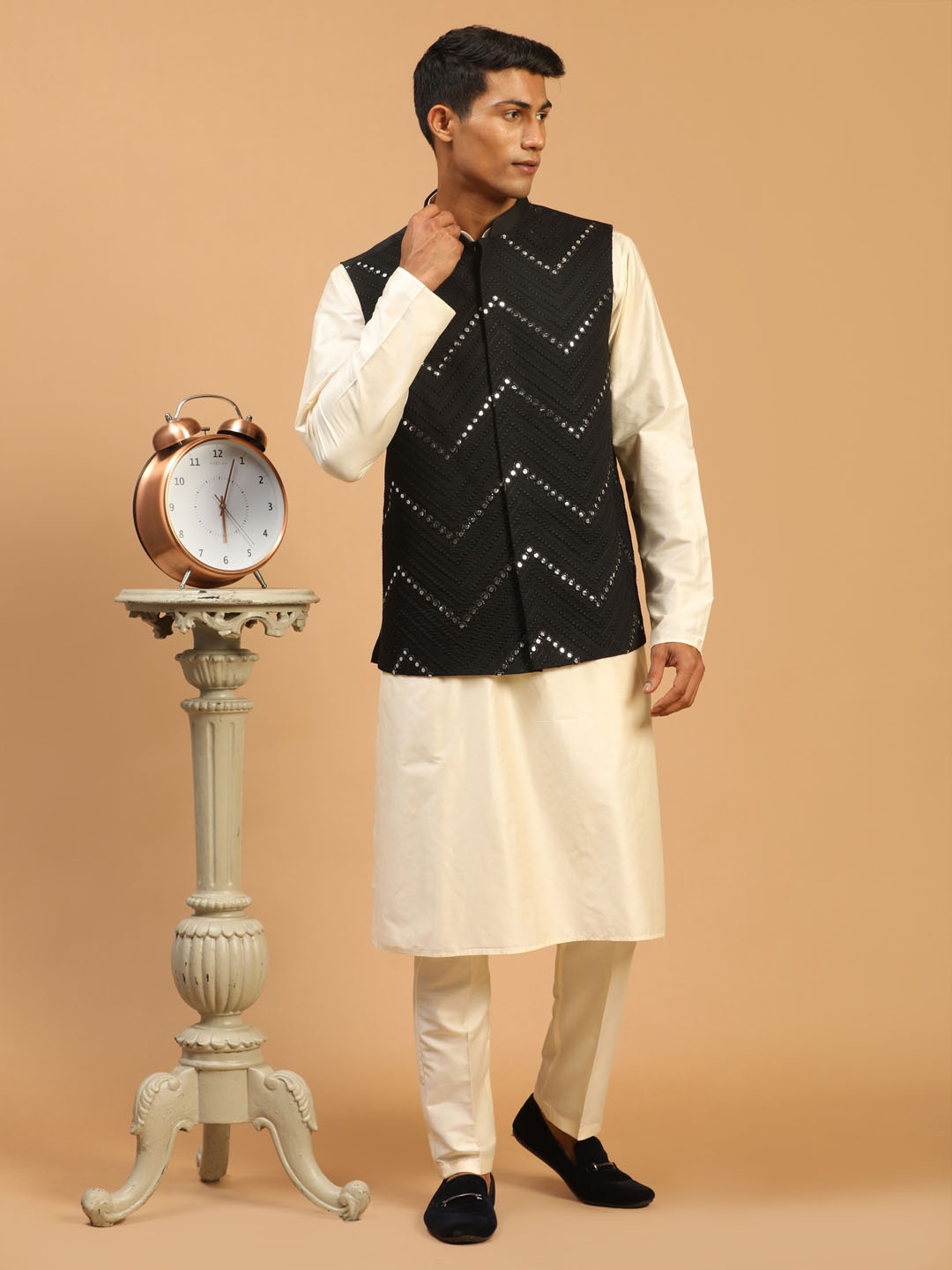 

VASTRAMAY Men Mirror Work Kurta With Trousers & Nehru Jacket, Cream