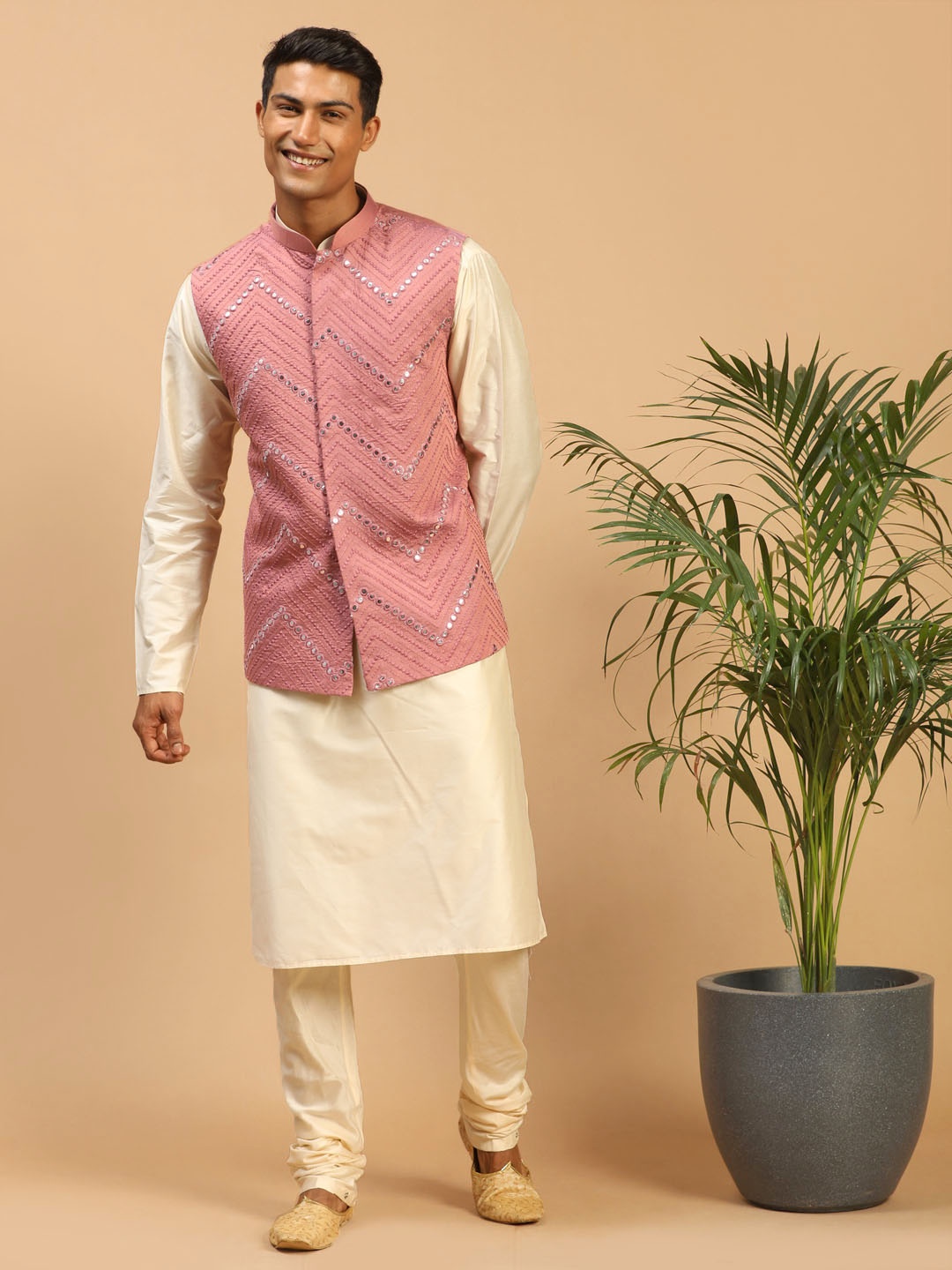 VASTRAMAY Kurta & Churidar with Mirror Work Nehru Jacket, Cream