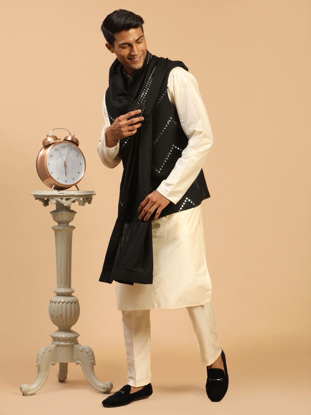 

VASTRAMAY Embroidered Mirror Work Jacket With Kurta Pyjama & Dupatta, Cream