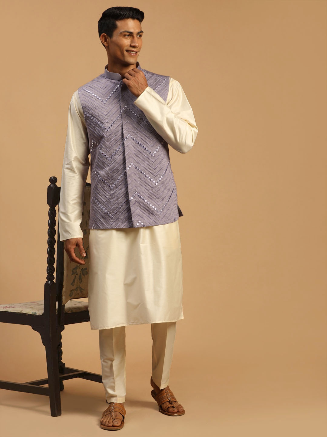 

VASTRAMAY Kurta & Trousers with Mirror Work Nehru Jacket, Cream