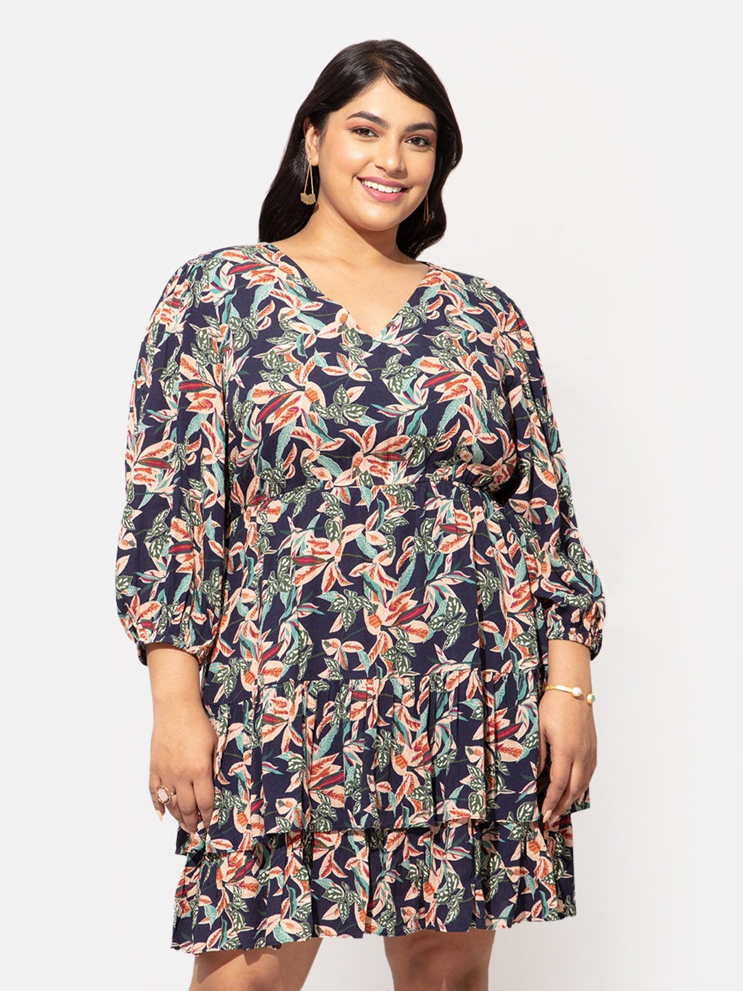 

20Dresses Plus Size Black Floral Printed Layered Empire Dress