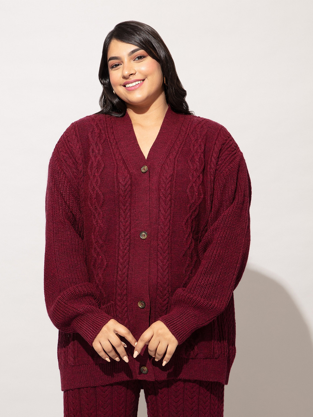 

20Dresses Women Plus Size Maroon Cable Knit Acrylic Cardigan