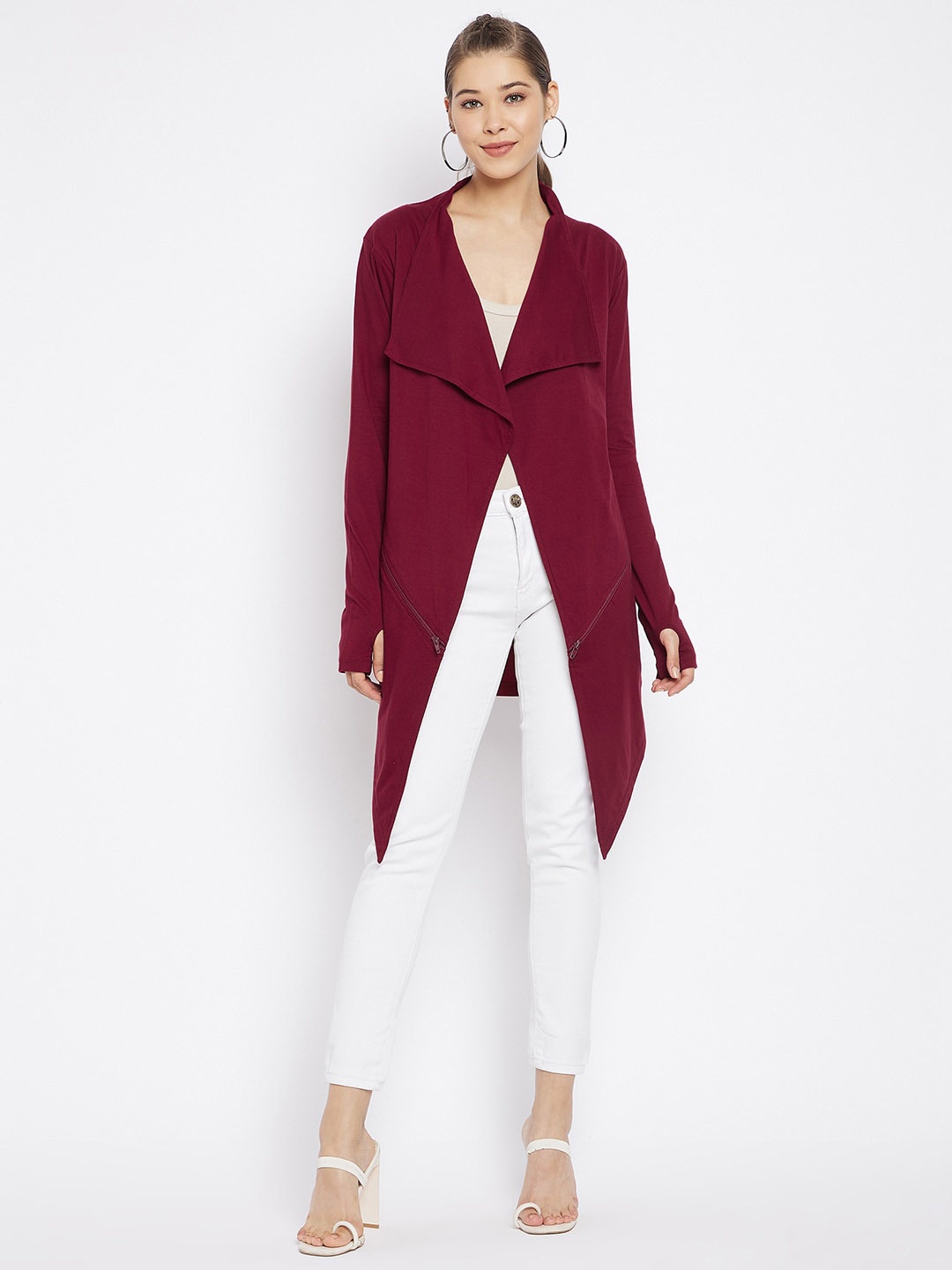 

Hypernation Women Maroon Longline Open Front Shrug