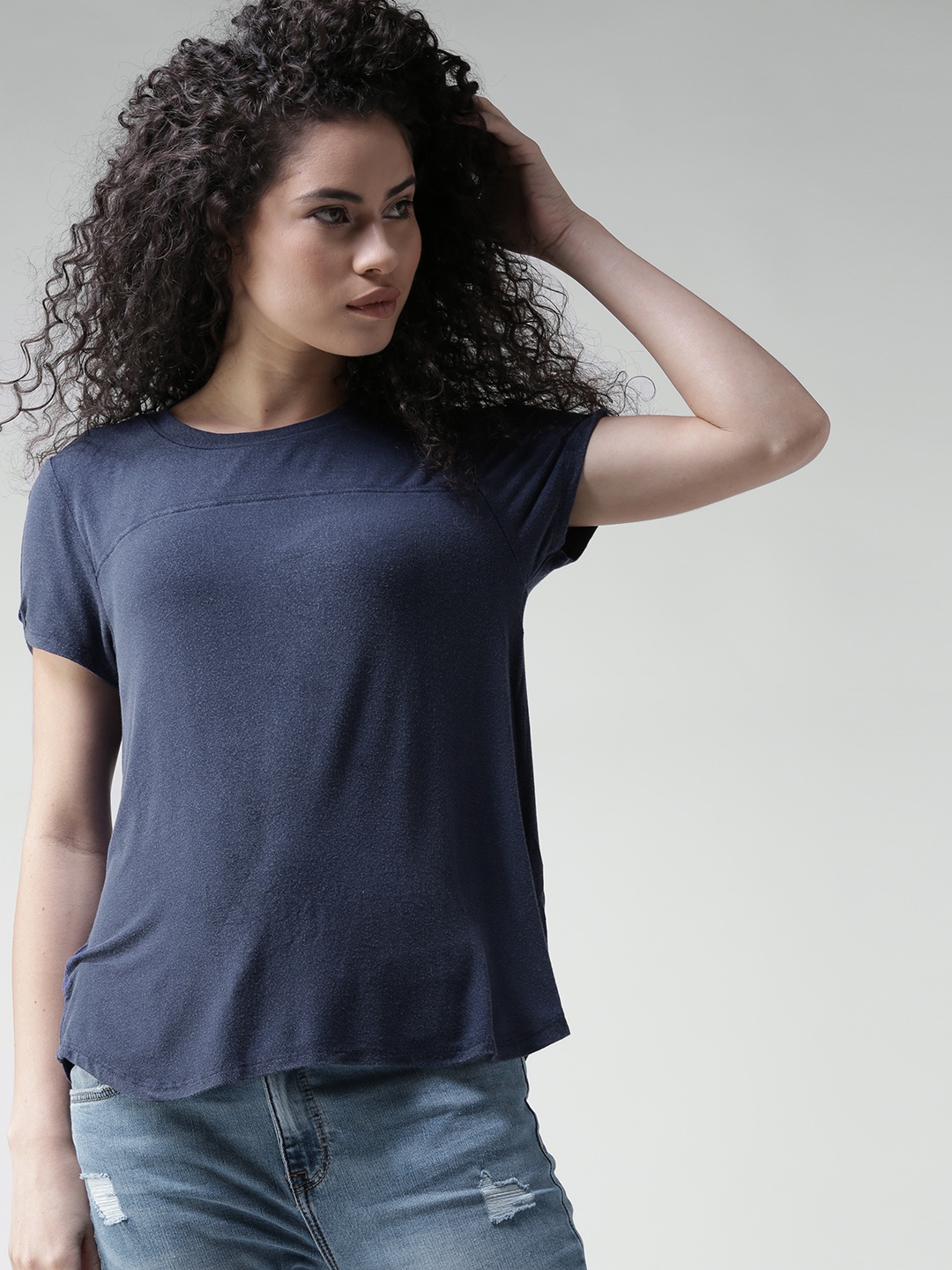 

FOREVER 21 Women Navy Blue Solid Round Neck T-shirt