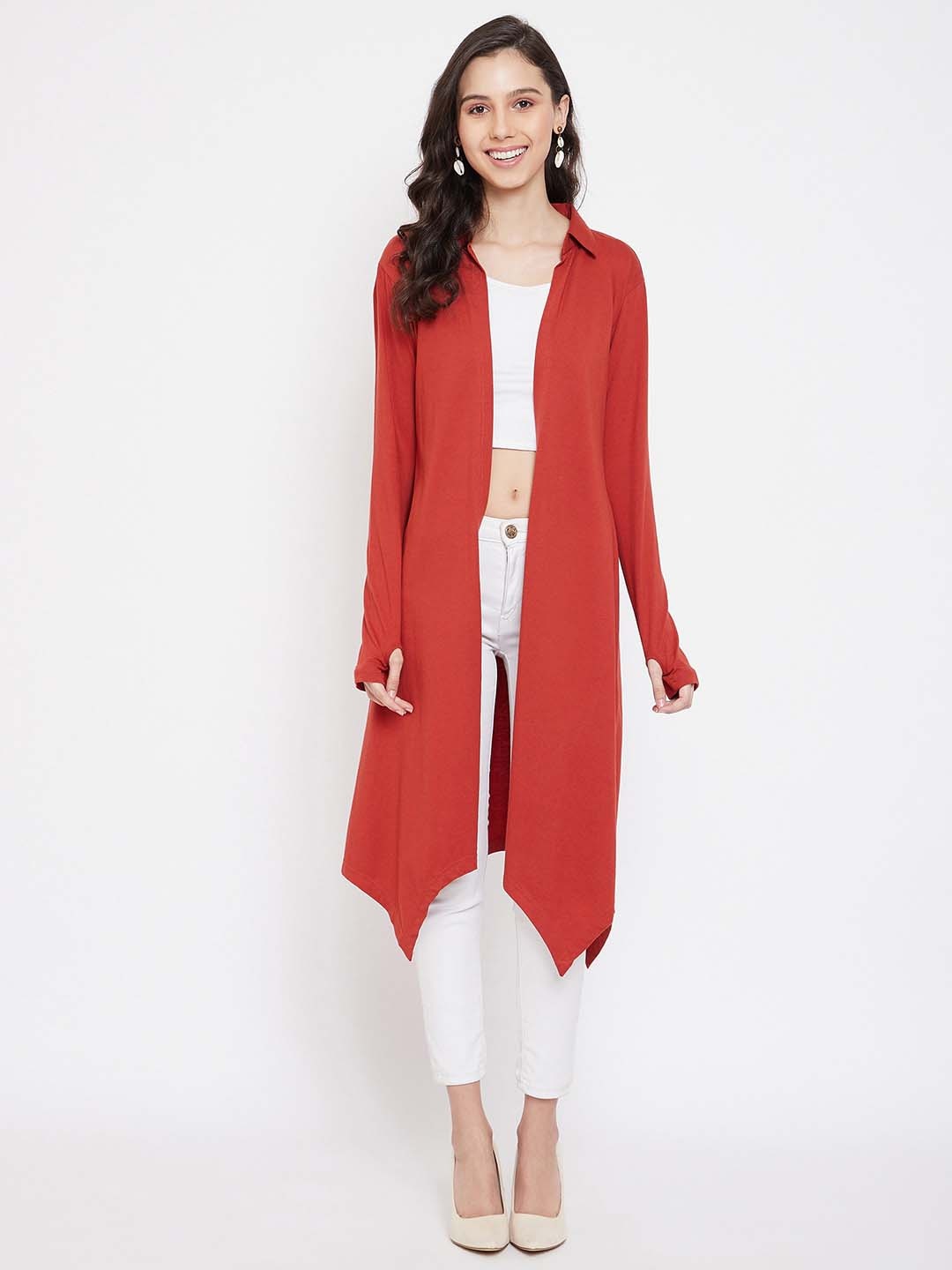 

Hypernation Women Red Longline Open Front Shrug