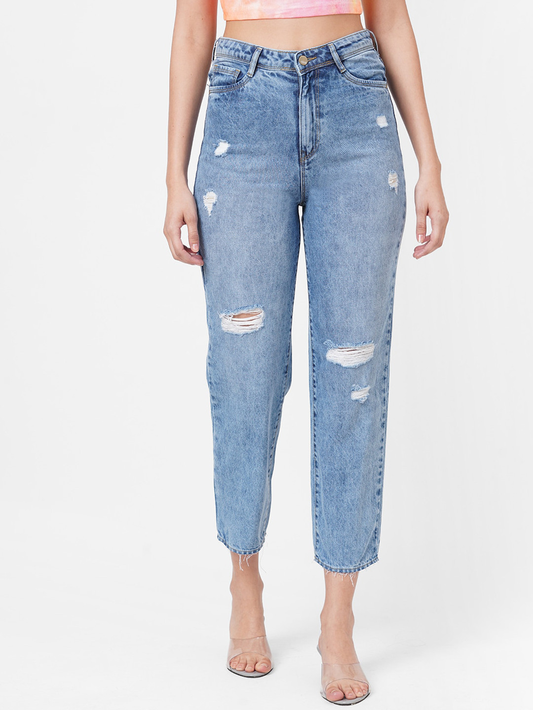 

Kraus Jeans Women Blue Cotton High-Rise Mildly Distressed Light Fade Jeans