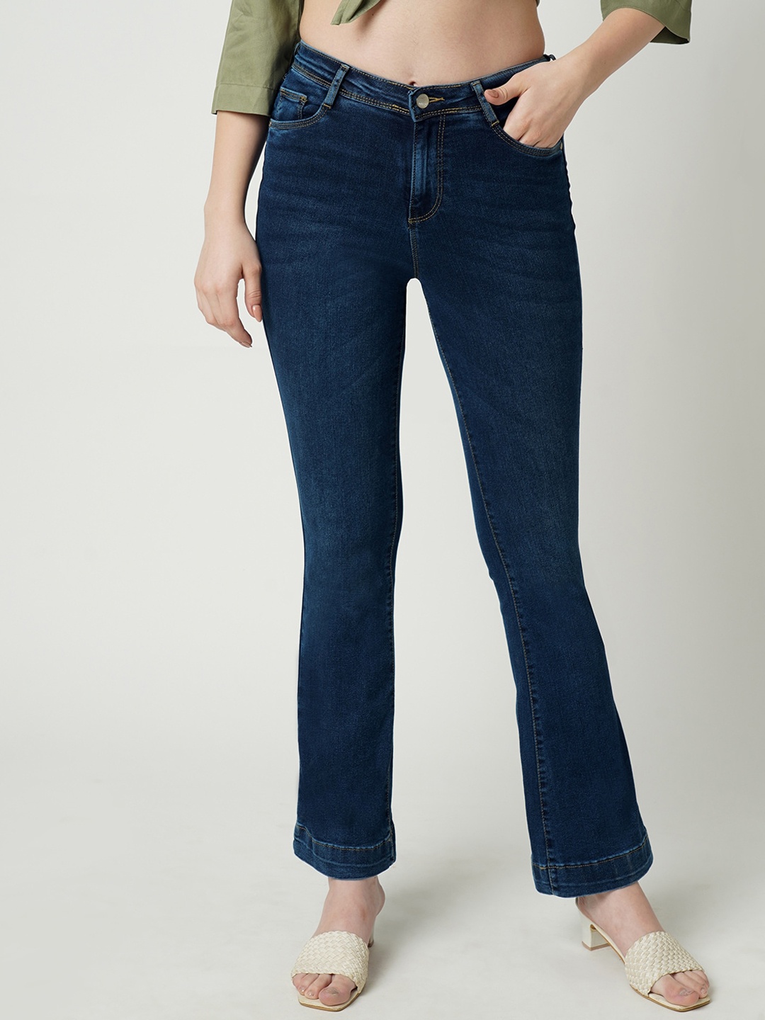 

Kraus Jeans Women Blue Cotton Flared High-Rise Light Fade Jeans
