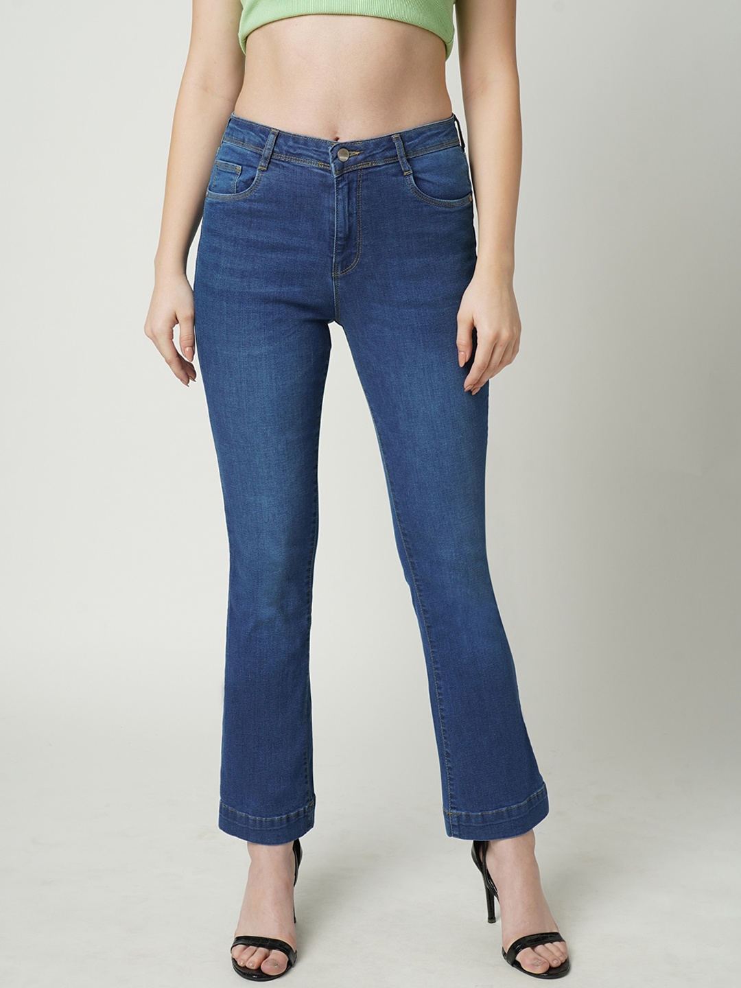 

Kraus Jeans Women Blue Cotton Flared High-Rise Light Fade Jeans