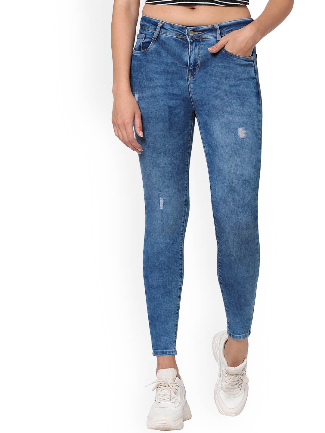 

Kraus Jeans Women Blue Cotton Skinny Fit Low Distress Heavy Fade Jeans