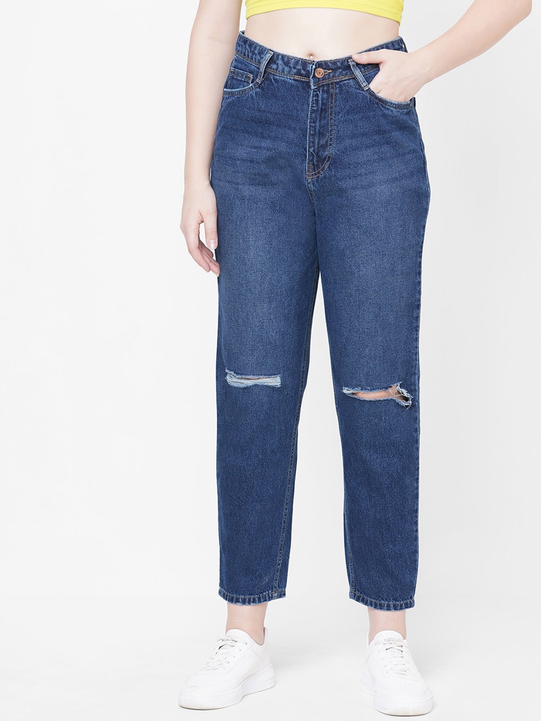 

Kraus Jeans Women Blue Cotton High-Rise Slash Knee Light Fade Jeans