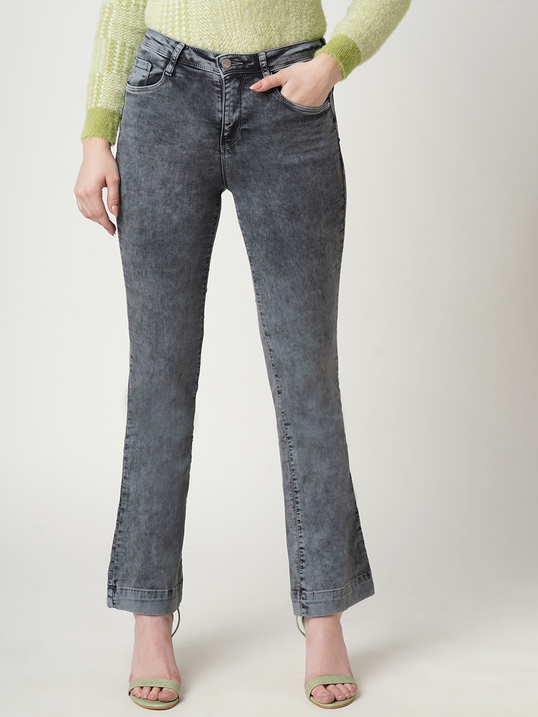 

Kraus Jeans Women Grey Flared High-Rise Heavy Fade Jeans
