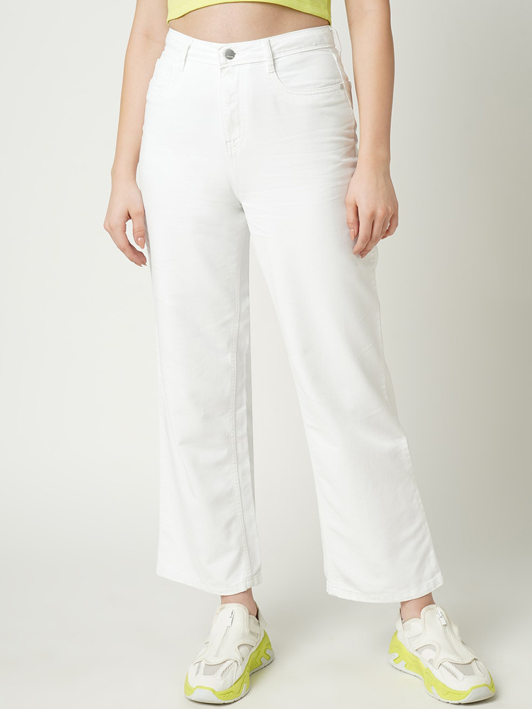 

Kraus Jeans Women White Wide Leg High-Rise Low Distress Jeans