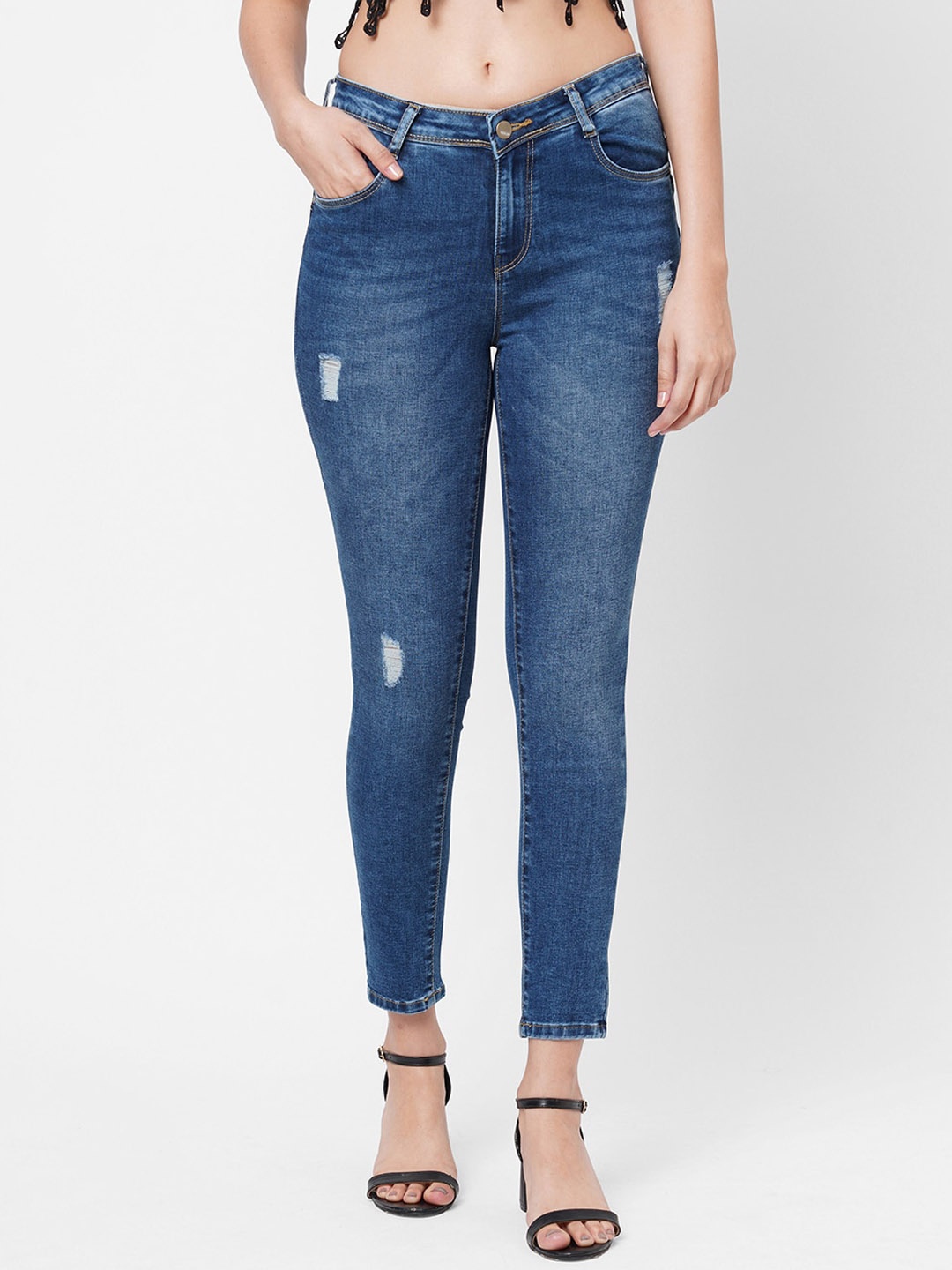 

Kraus Jeans Women Blue Super Skinny Fit Low Distress Light Fade Jeans