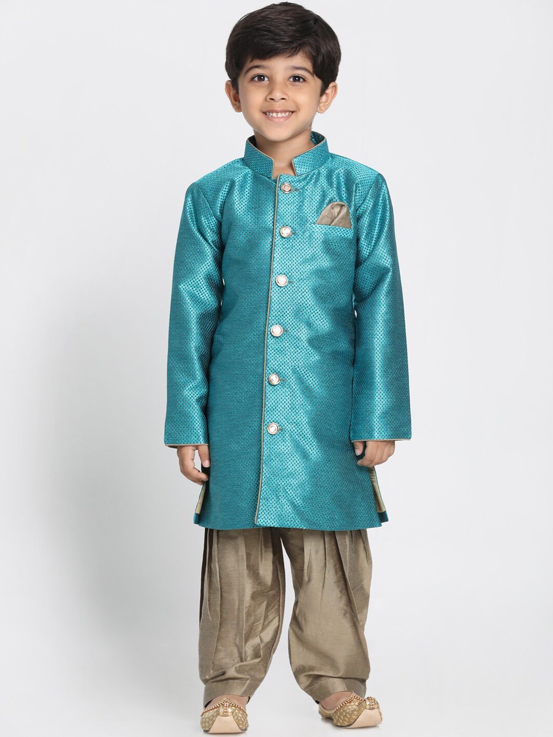 

VASTRAMAY Boys Turquoise Blue & Grey Self Design Sherwani Set