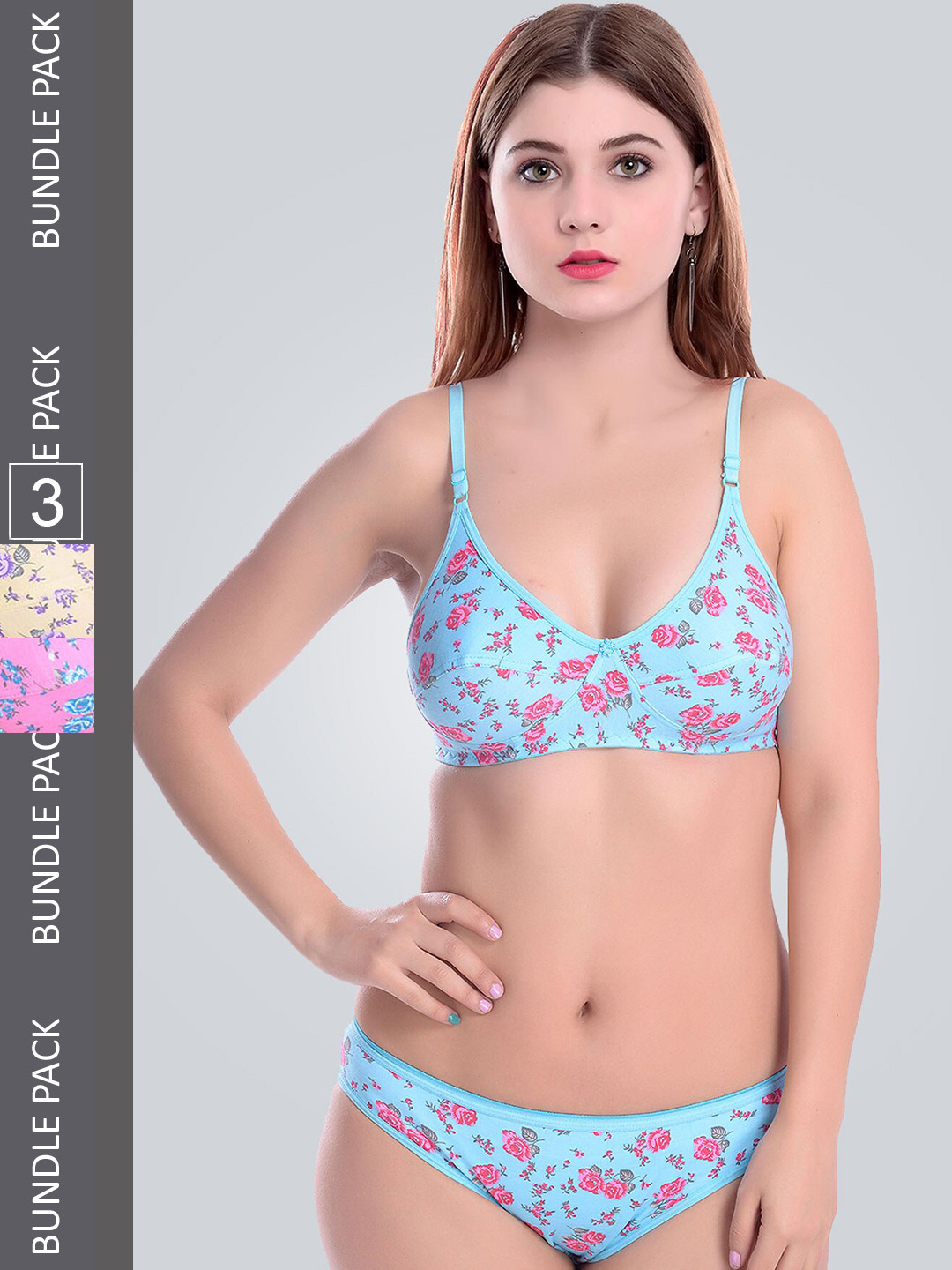 

AROUSY Pack Of 3 Floral Printed Cotton Lingerie Set, Blue
