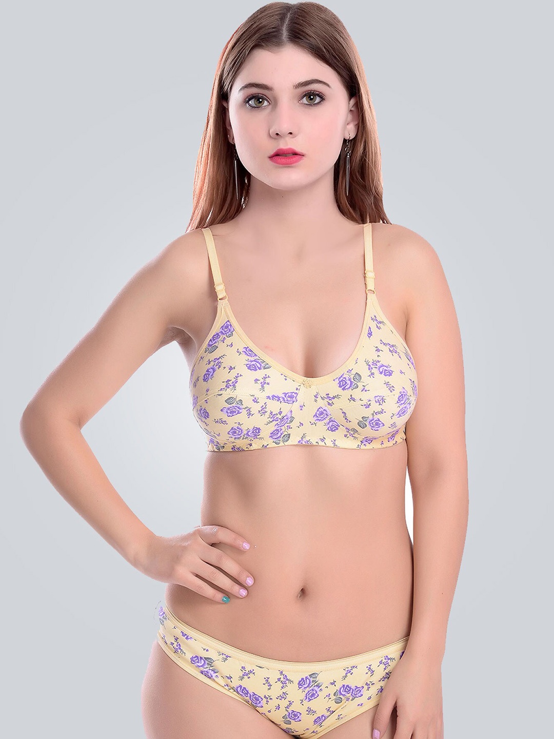 

AROUSY Yellow & Purple Printed Cotton Lingerie Set