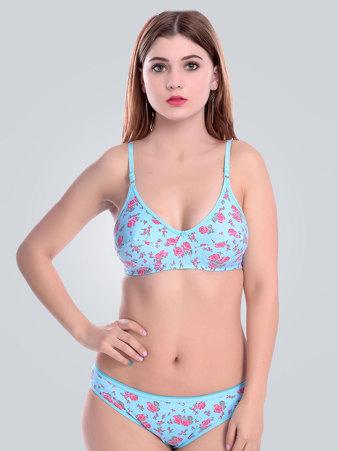 

AROUSY Blue & Pink Floral Printed Cotton Lingerie Set