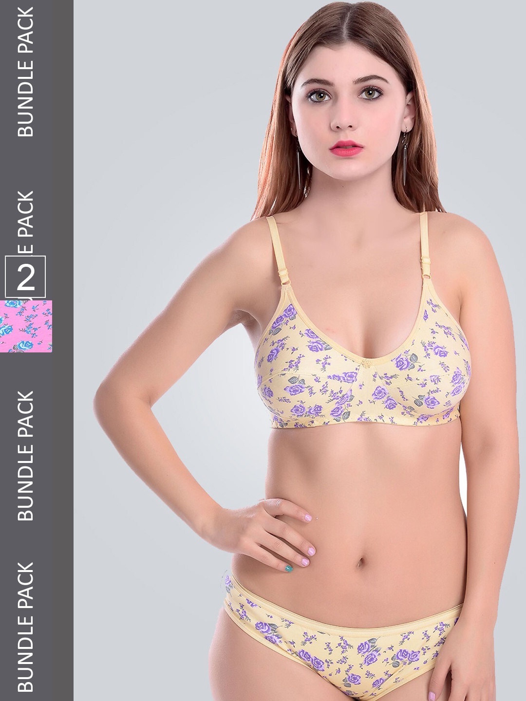 

AROUSY Pink & Yellow Pack Of 2 Printed Cotton Lingerie Set
