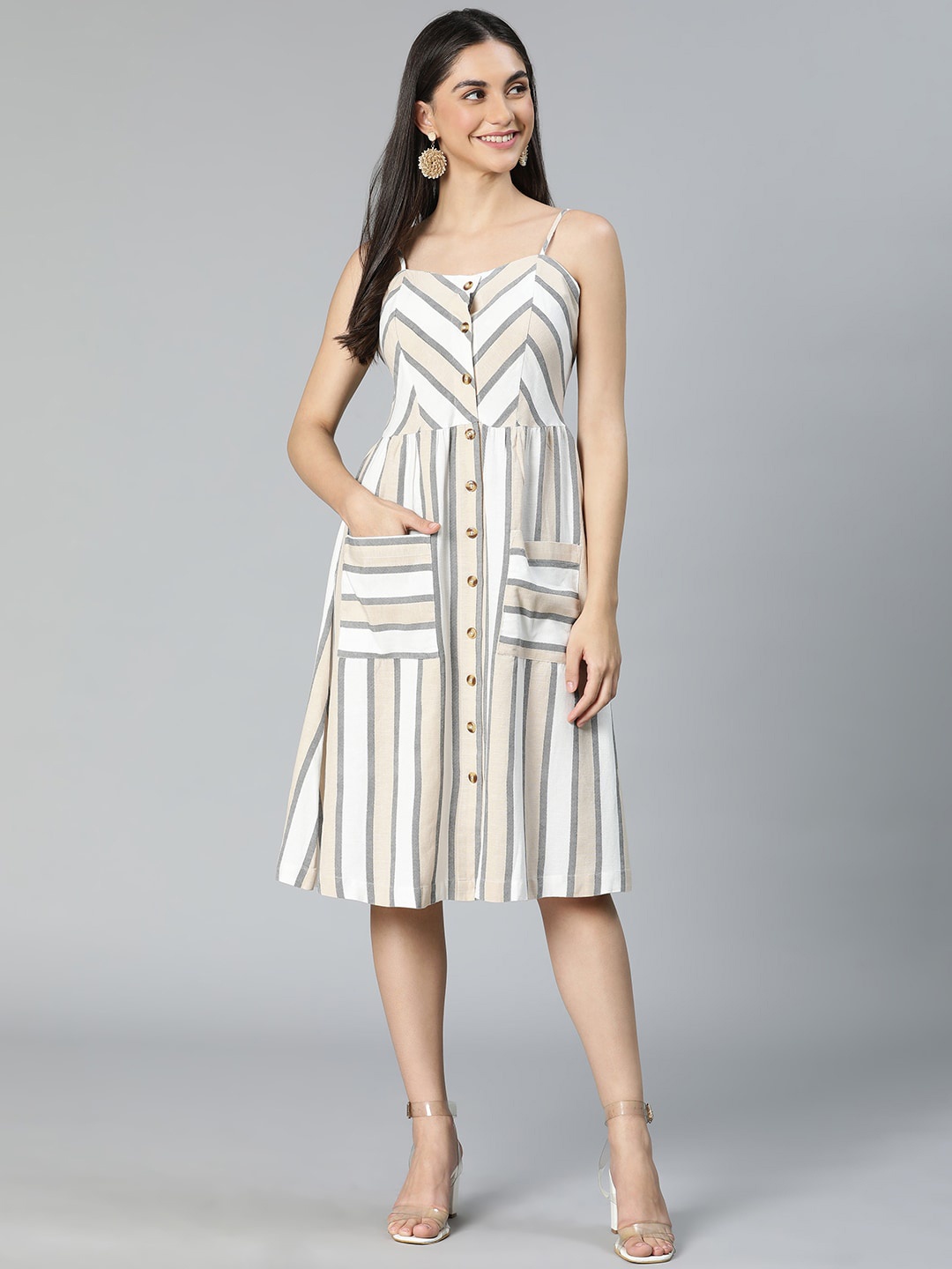

Oxolloxo Striped Fit and Flare Sleeveless Dress, Beige