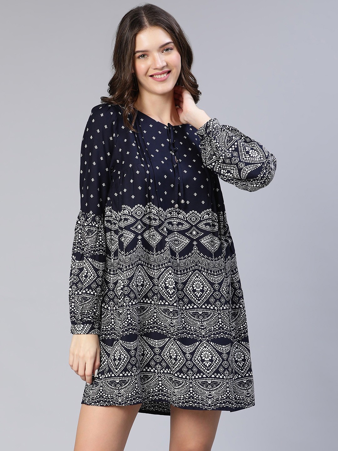 

Oxolloxo Navy Blue Ethnic Motifs A-Line Dress