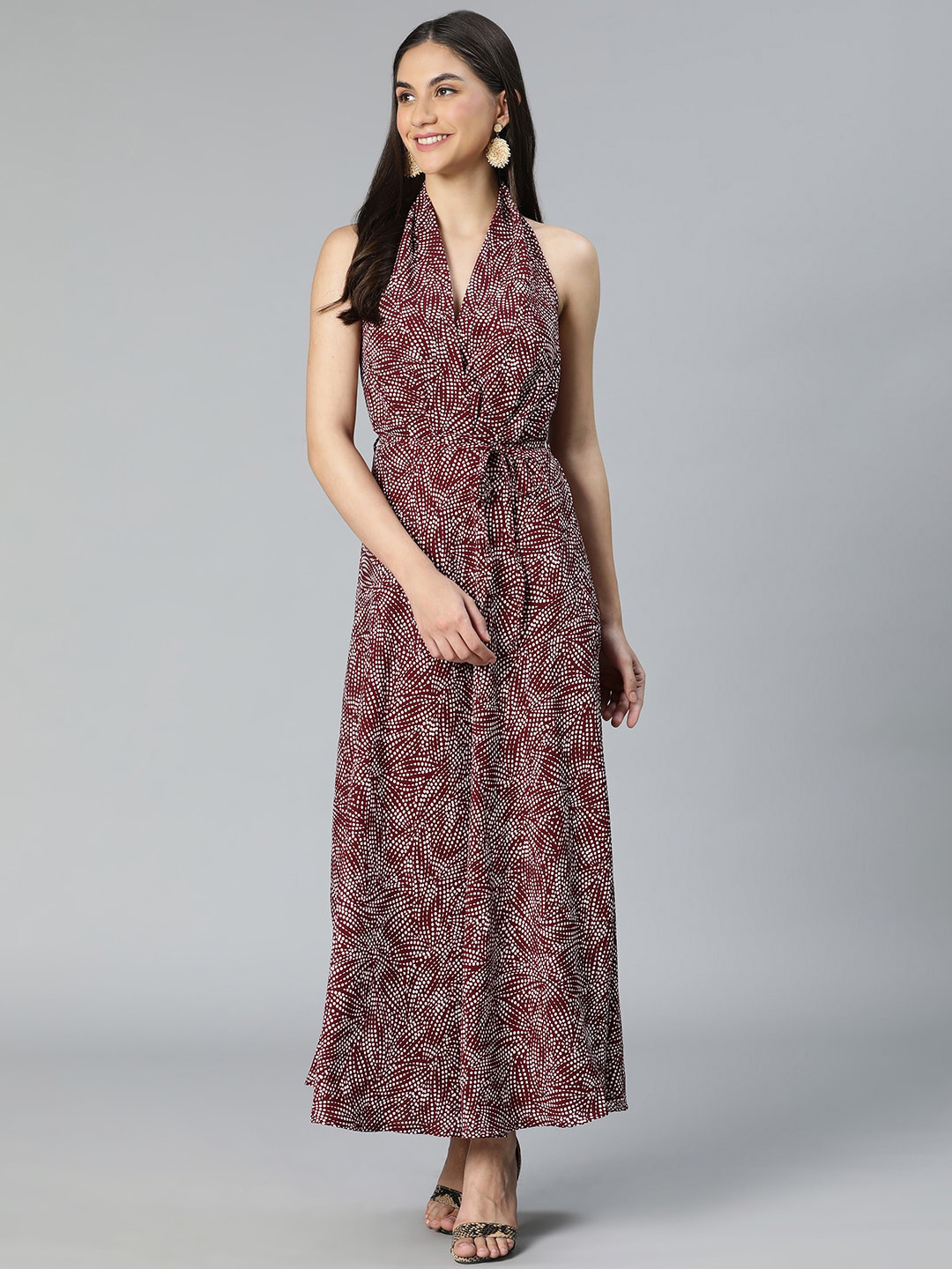 

Oxolloxo Maroon Floral Tie-Up Neck Maxi Dress