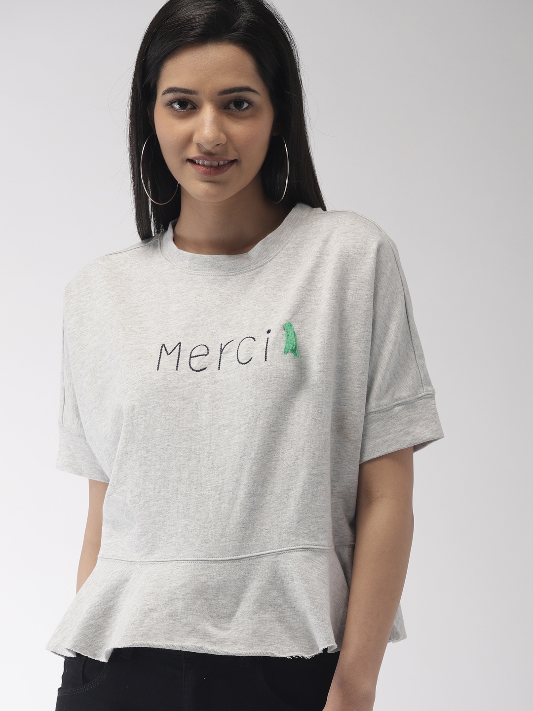 

FOREVER 21 Women Grey Melange Self Design A-Line Pure Cotton Top