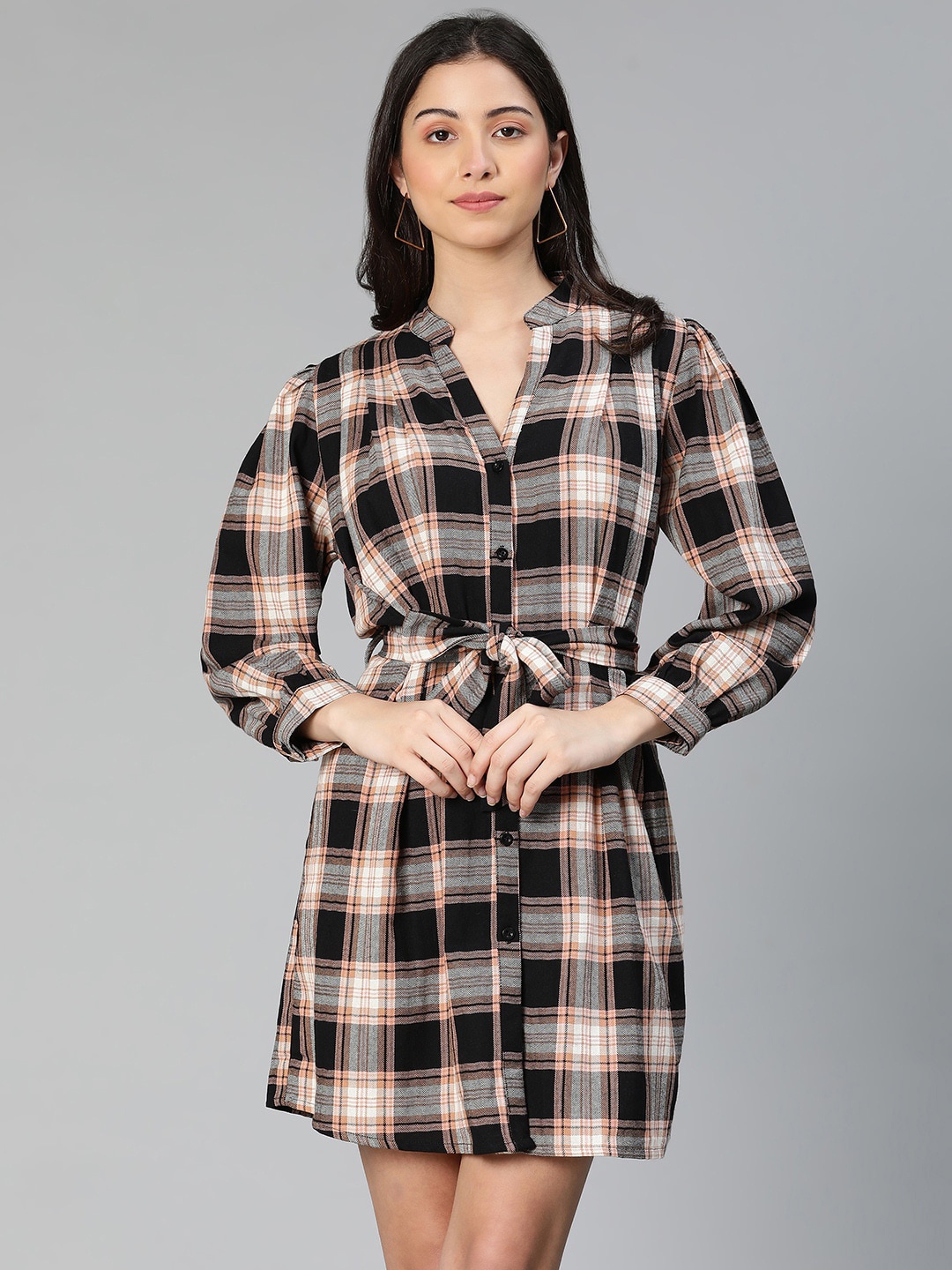 

Oxolloxo Beige & Black Checked Shirt Dress