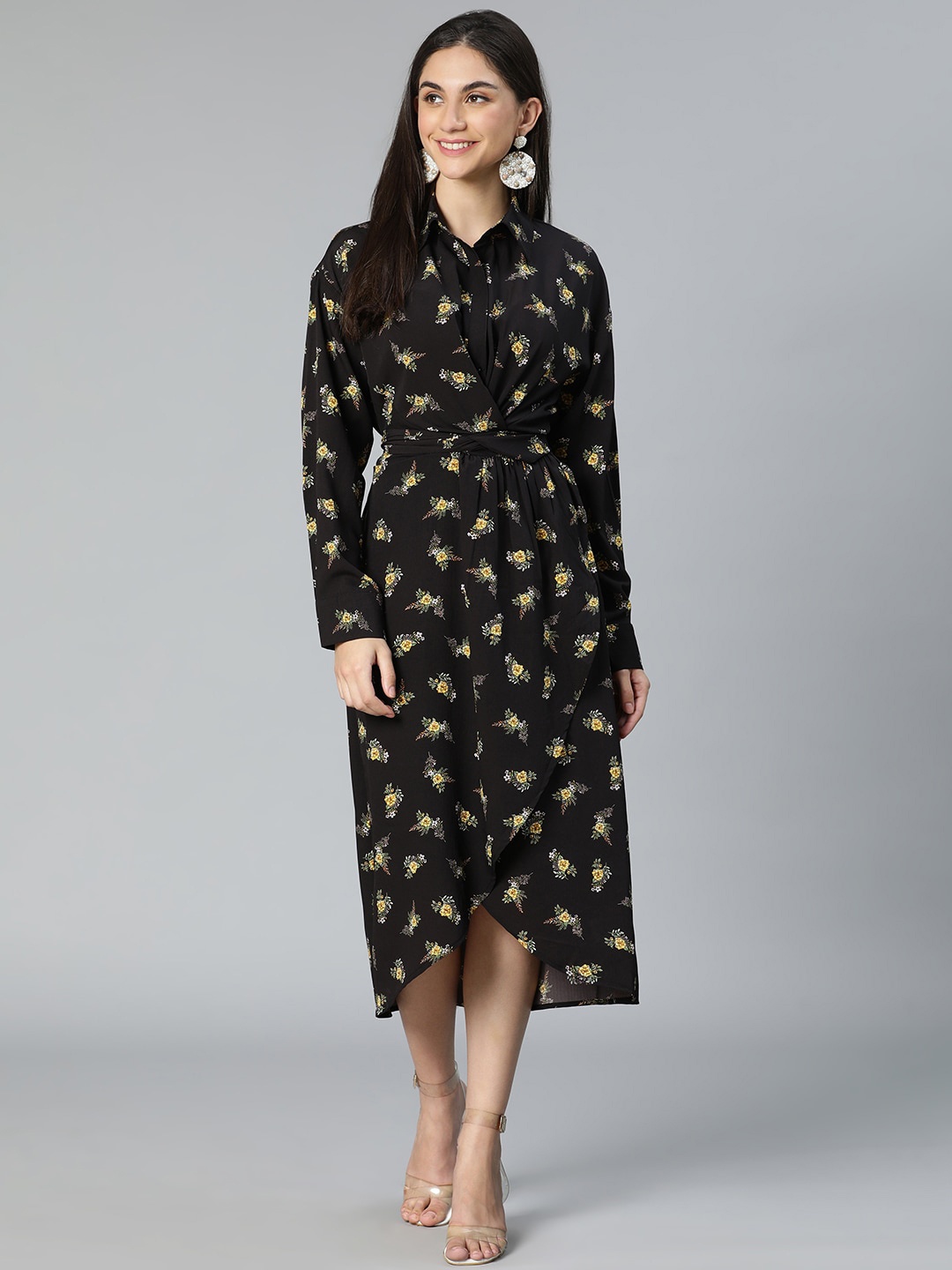 

Oxolloxo Black Floral Shirt Midi Dress