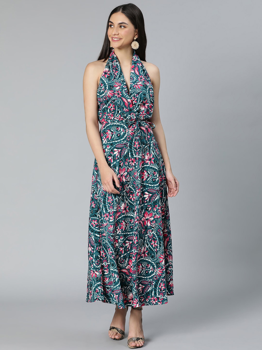 

Oxolloxo Teal & Pink Floral Tie-Up Neck Maxi Maxi Dress