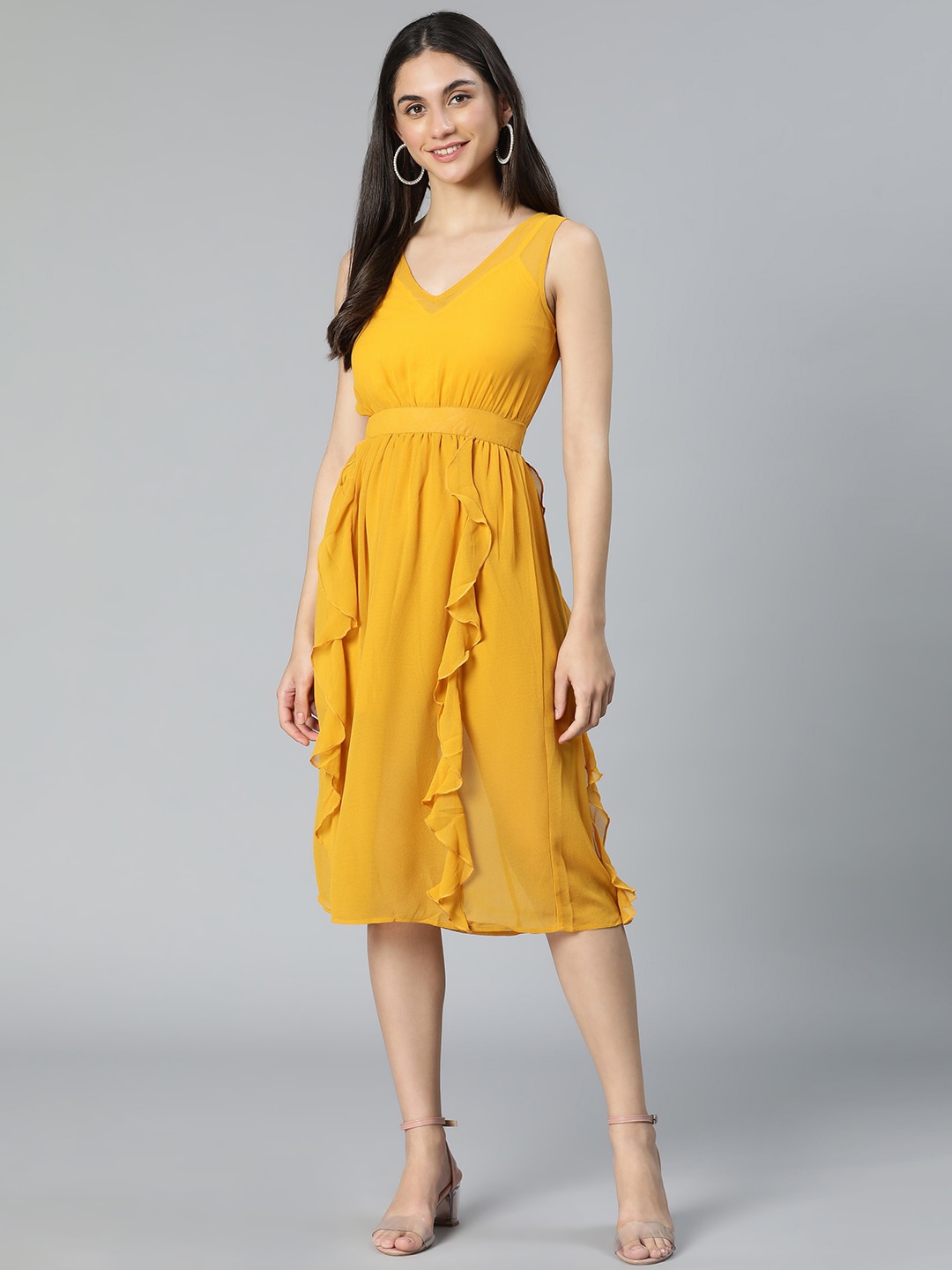 

Oxolloxo V-Neck Sleeveless Bright Elasticated Ruffles Fit and Flare Dress, Mustard