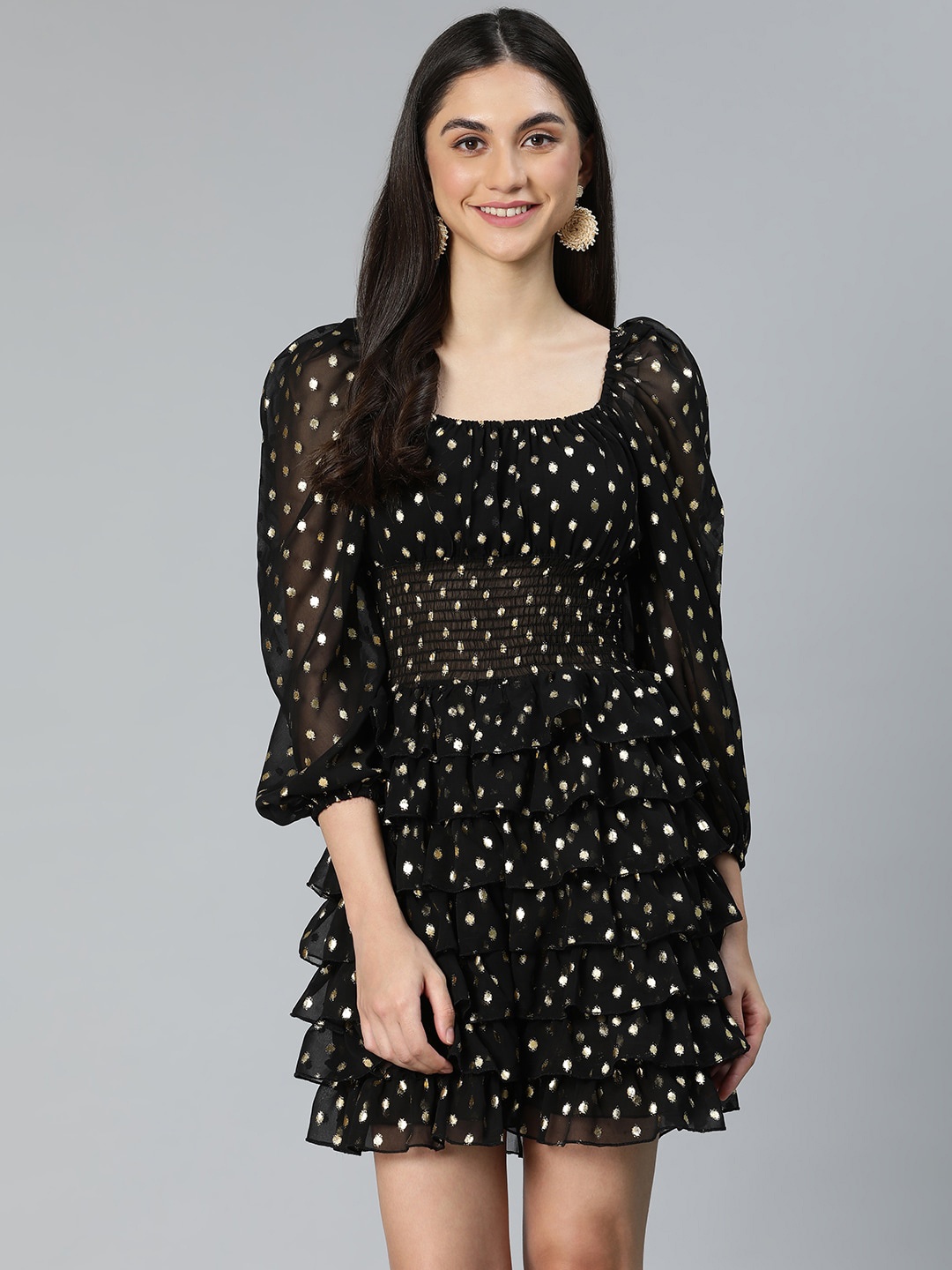 

Oxolloxo Embellished Polka Dots Fit and Flare Square Neck Dress, Black