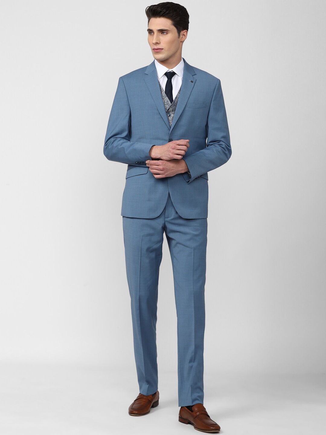 

Van Heusen Men Blue Self-Design Single-Breasted Slim-Fit Formal Three-Piece Suits