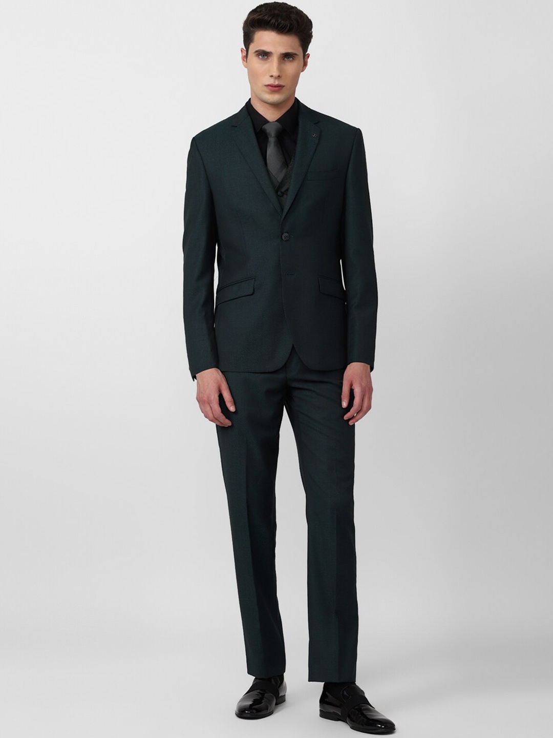 

Van Heusen Men Green Self-Design Single-Breasted Slim-Fit Three Piece Suit Formal Suits