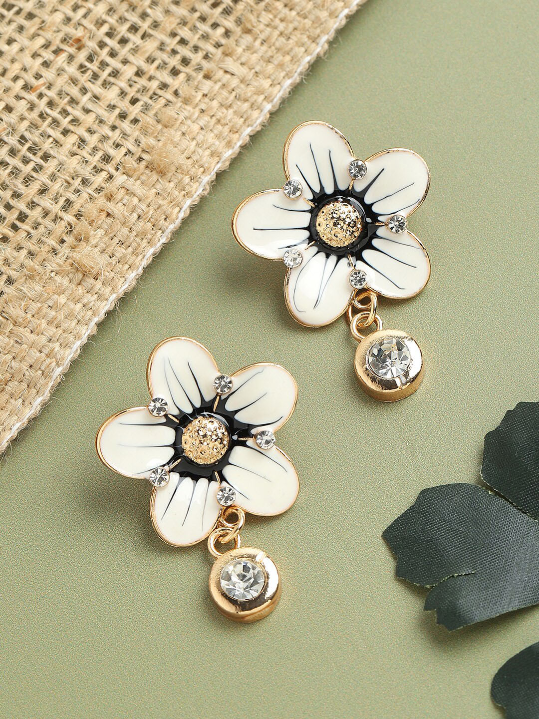 

SOHI Women Gold Plated White & Black Floral Drop Earrings