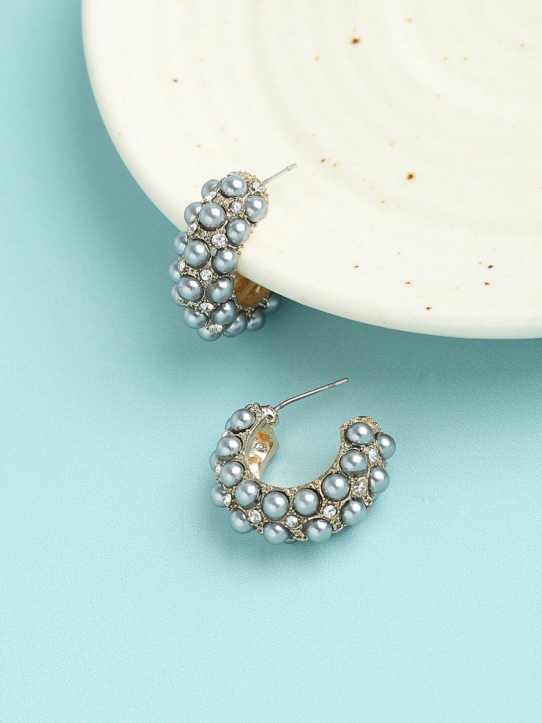 

SOHI Women Gold Plated Grey Geometric Half Hoop Earrings