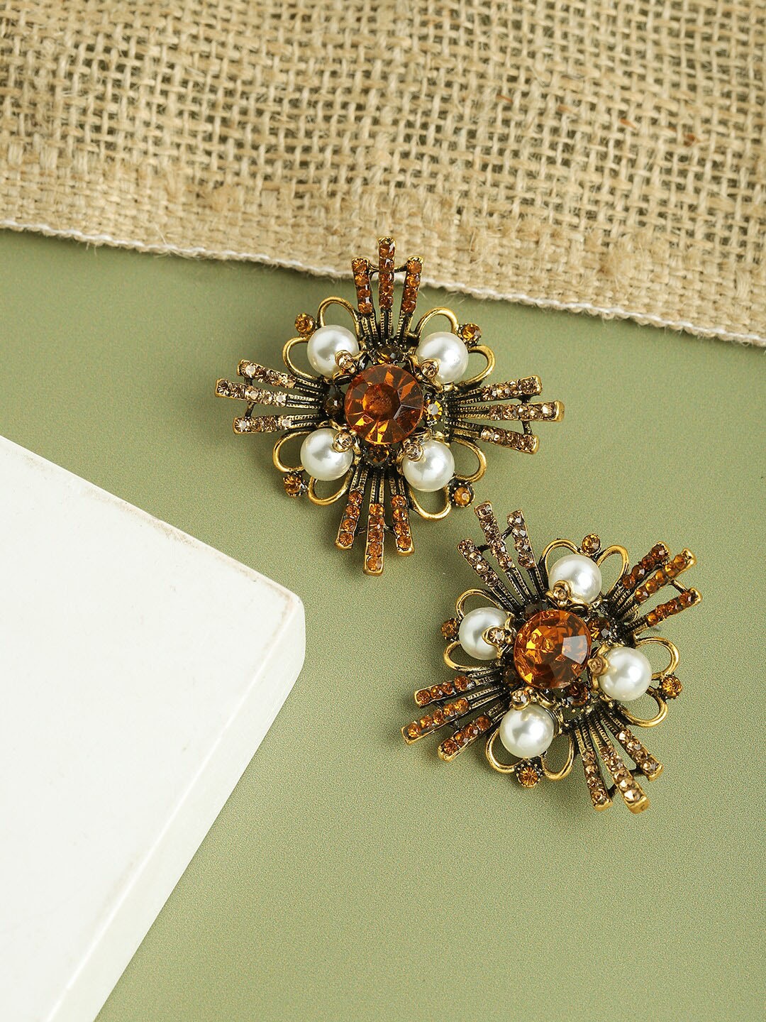 

SOHI Brown & White Gold-Plated Contemporary Studs Earrings