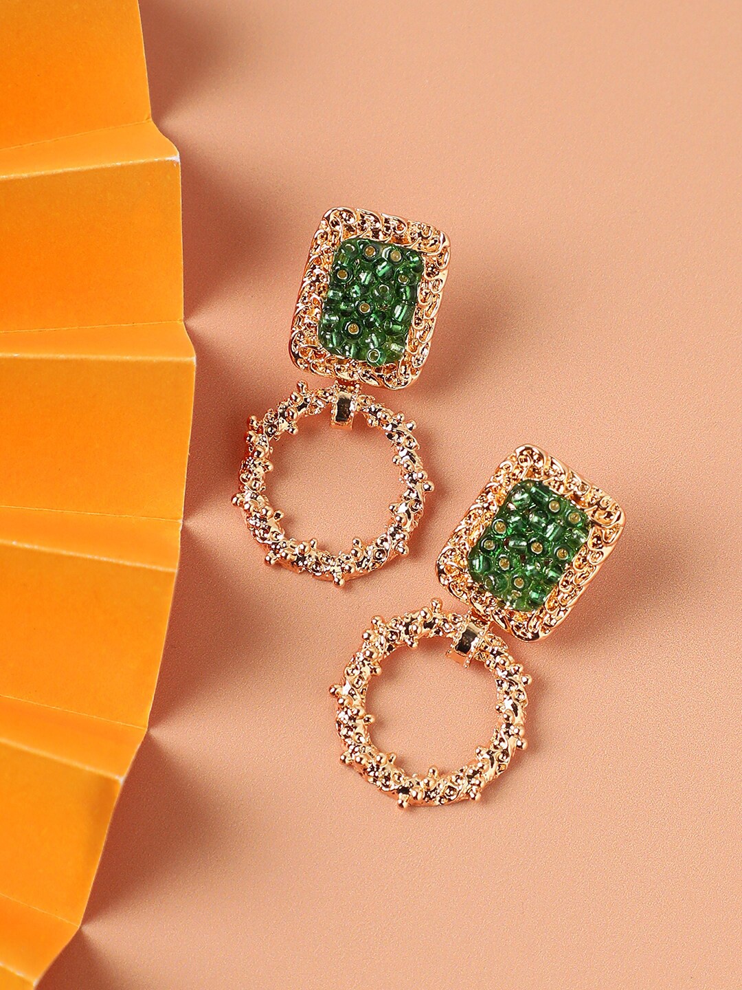 

SOHI Green & Gold-Plated Stone Studded Geometric Drop Earrings