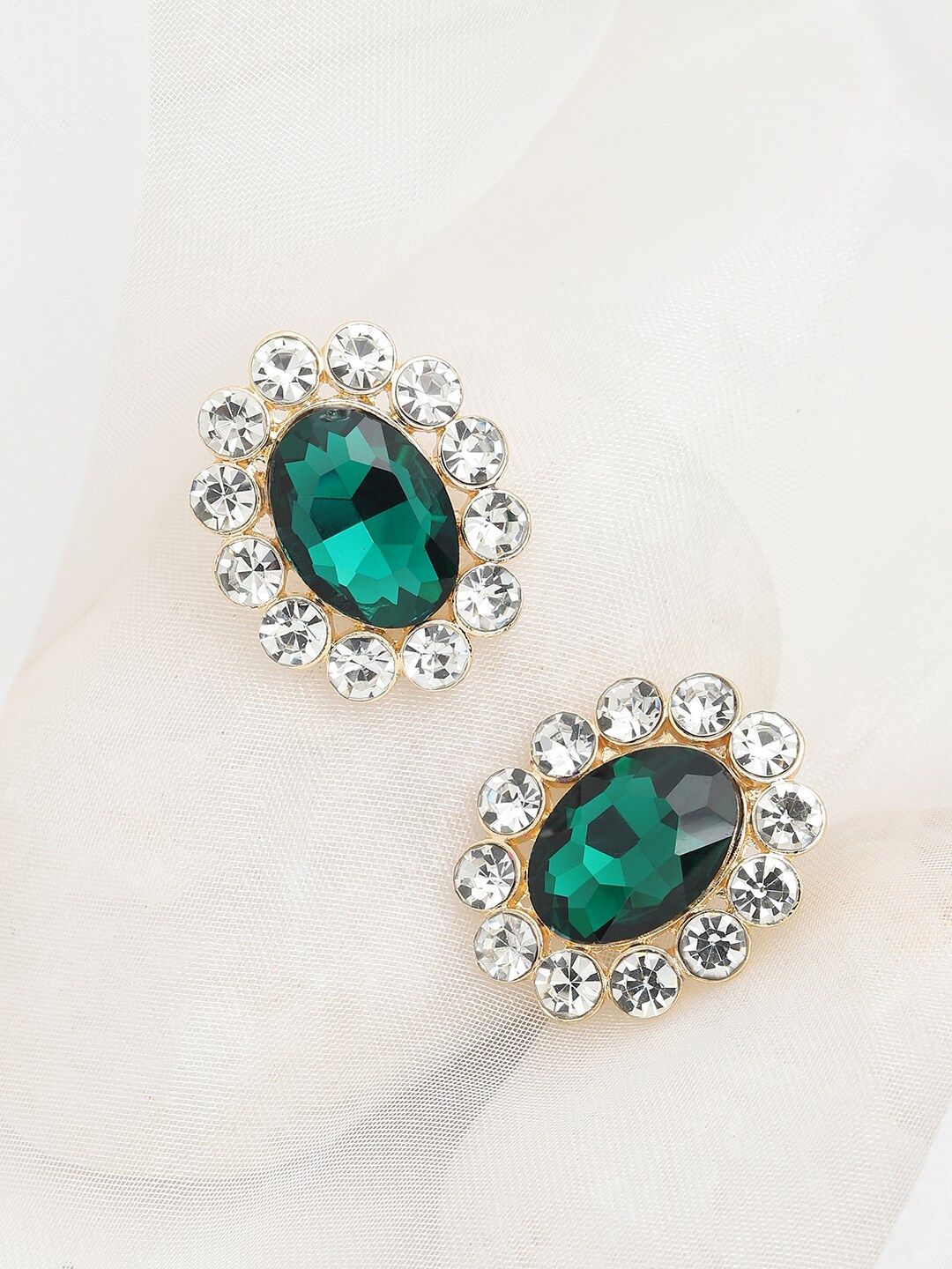 

SOHI Green & White Gold-Plated Stone Studded Contemporary Studs Earrings