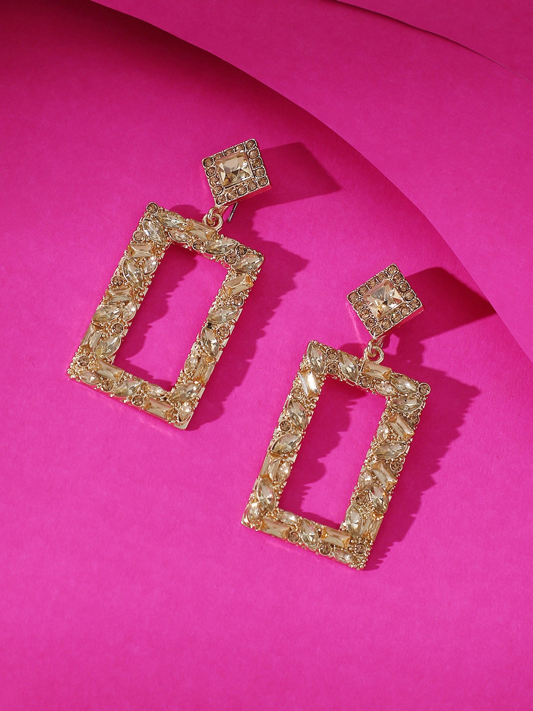 

SOHI Gold-Plated Stone Studded Geometric Drop Earrings