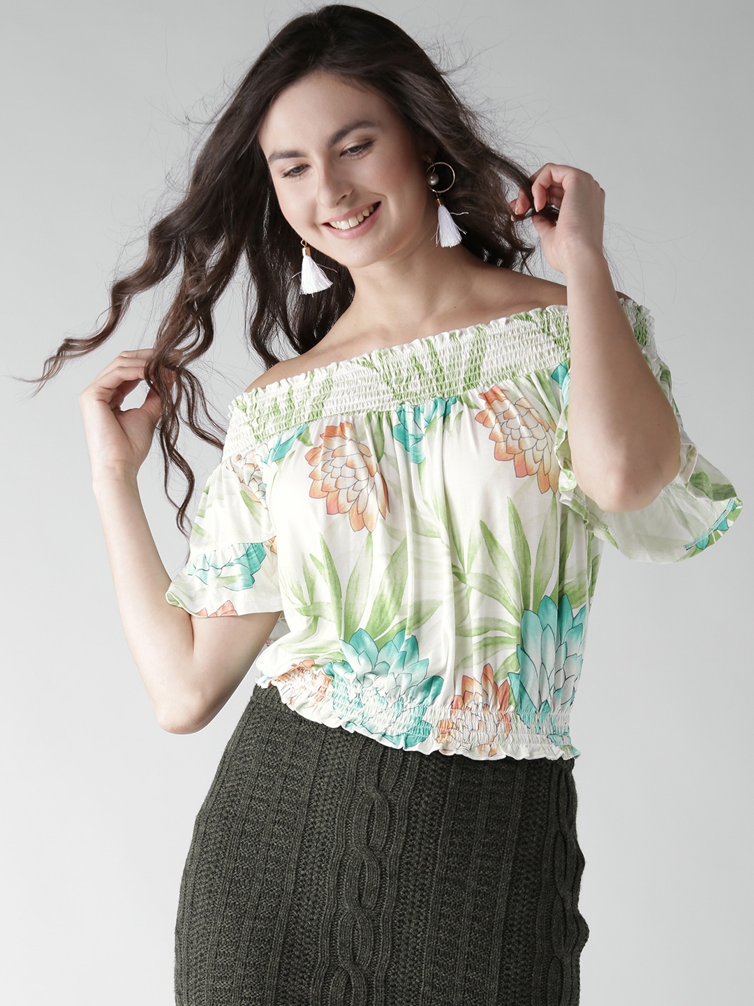 

FOREVER 21 Women White & Green Printed Bardot Top
