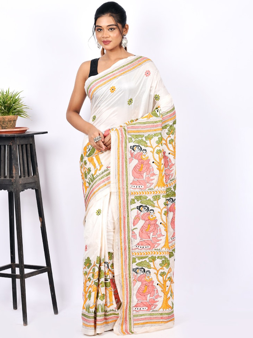 

AllSilks White & Pink Ethnic Motifs Kantha Embroidered Pure Silk Murshidabad Saree