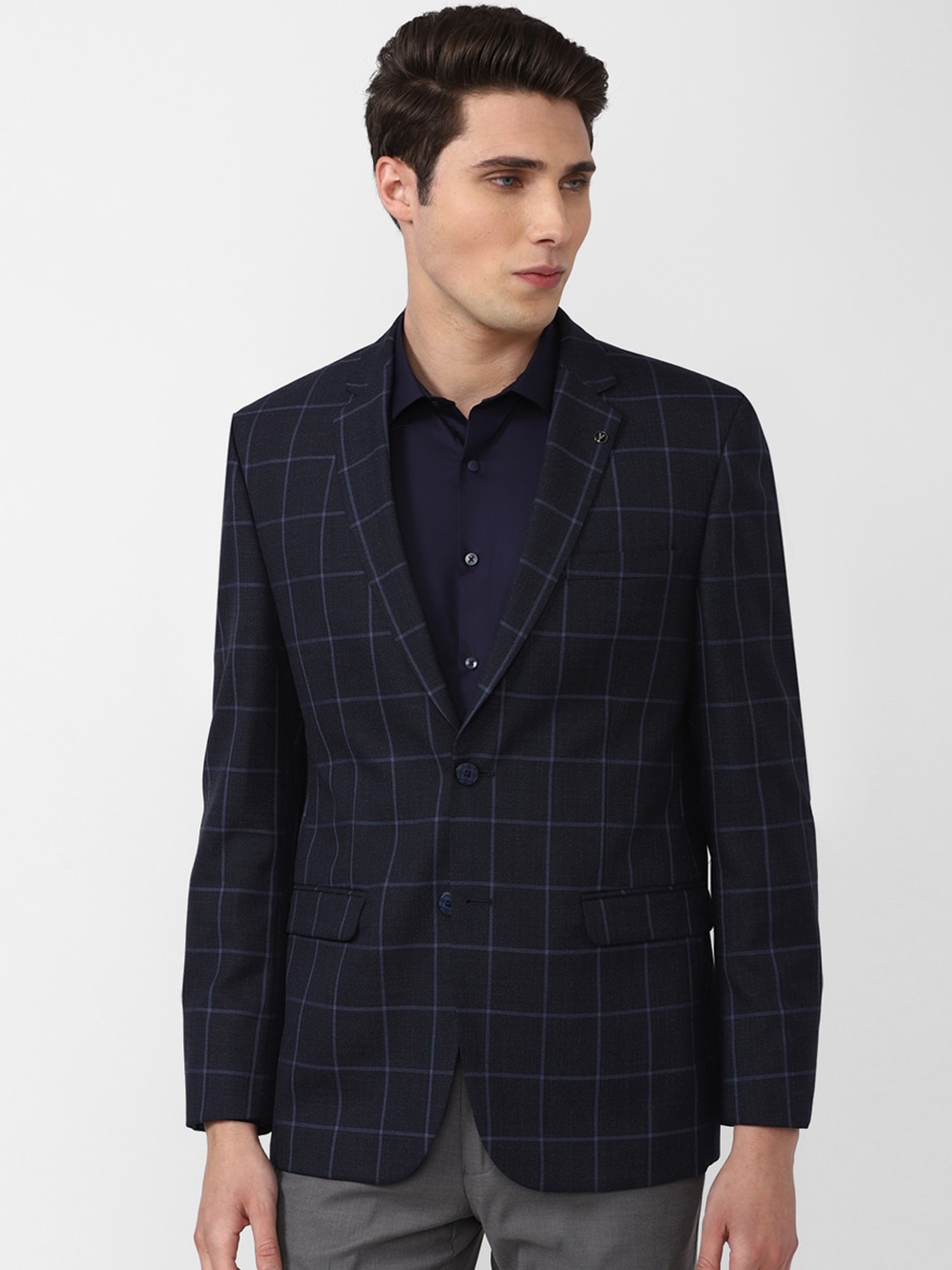 

Van Heusen Men Navy Blue Checked Slim-Fit Single-Breasted Blazer