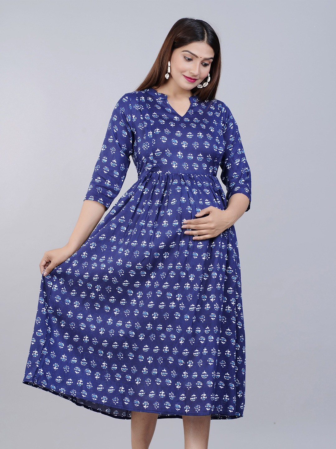 

KALINI Blue Ethnic Motifs Maternity Midi Dress