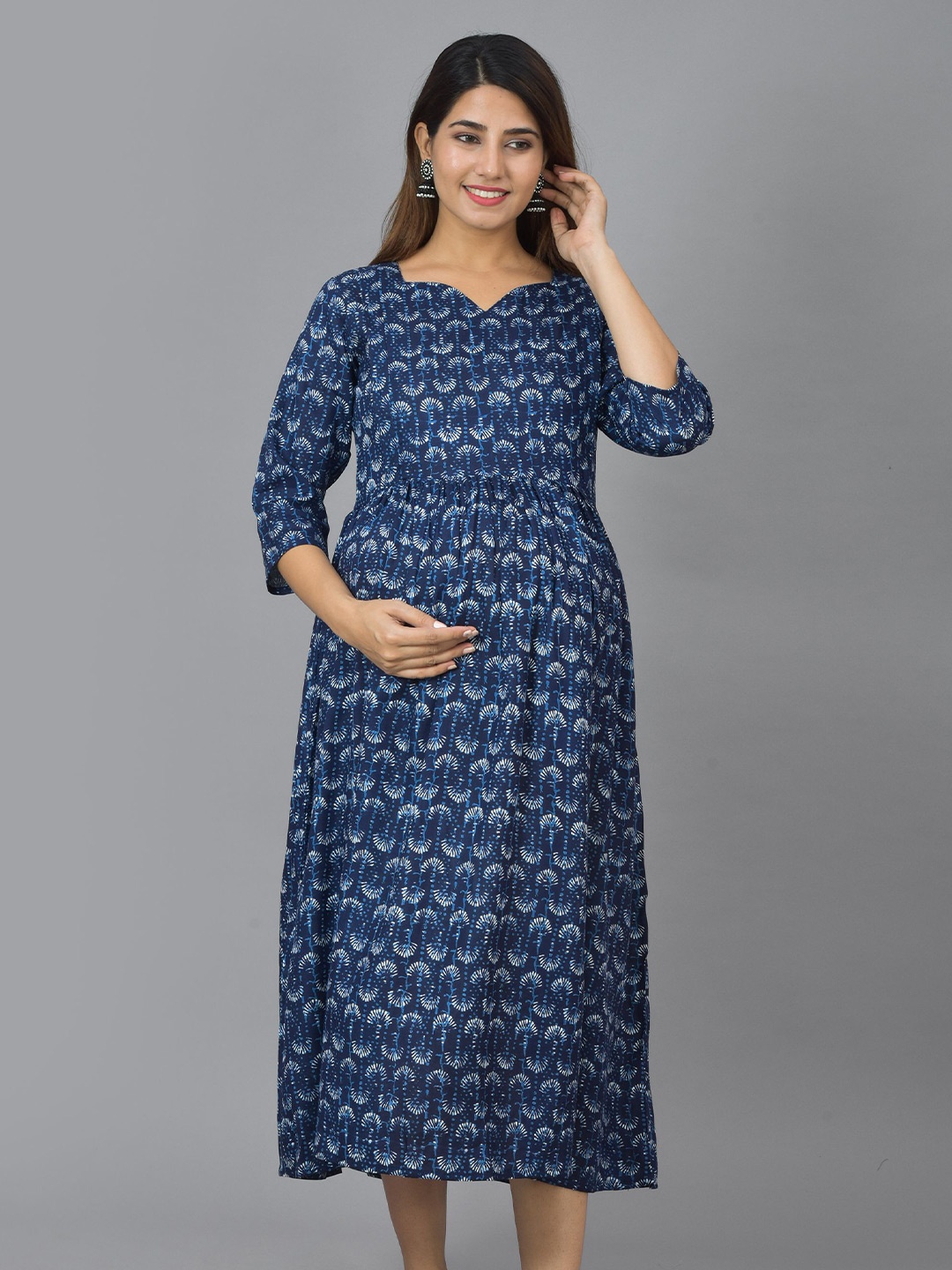 

KALINI Blue Ethnic Motifs Maternity A-Line Midi Dress