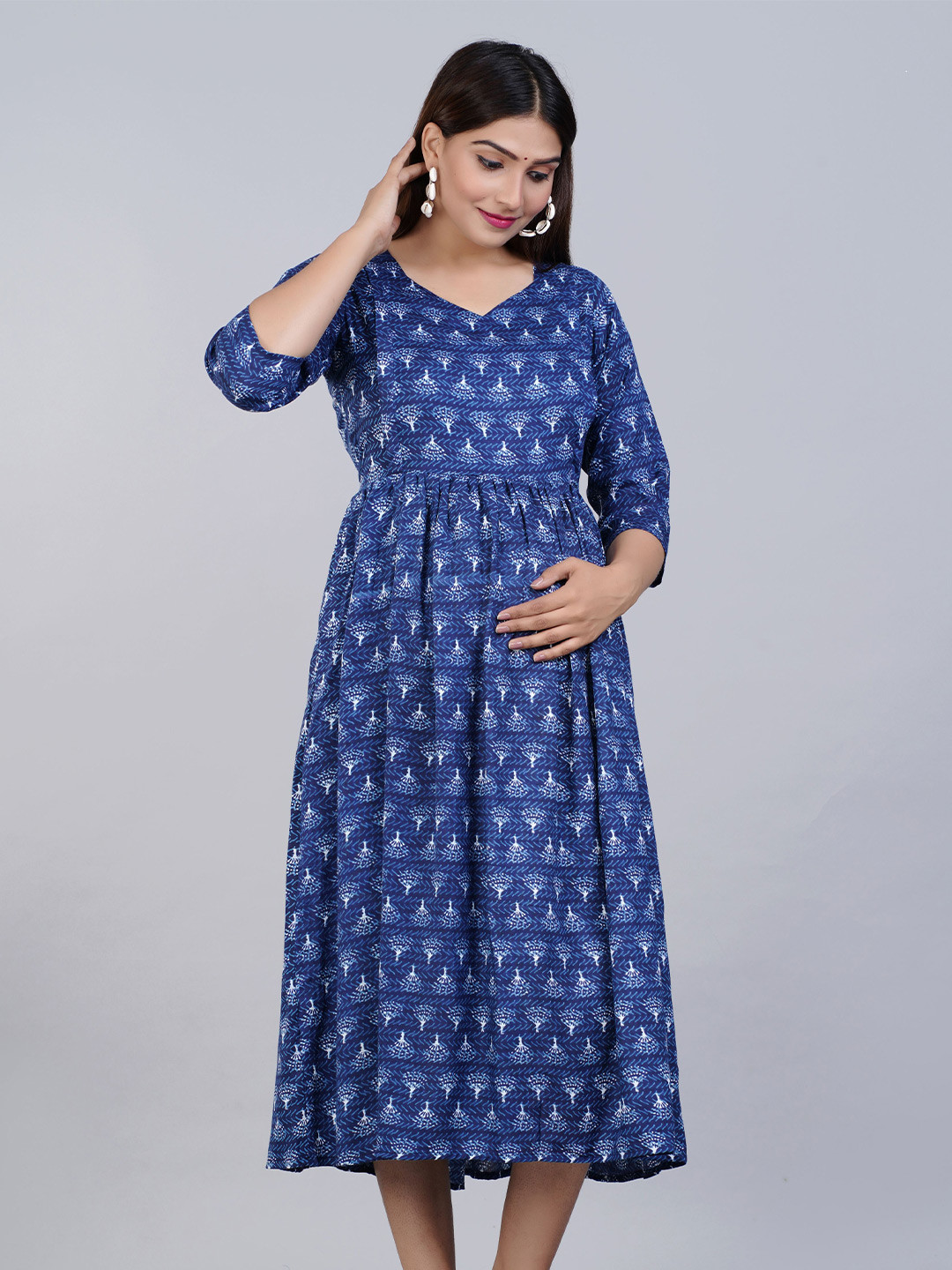 

KALINI Blue Ethnic Motifs Maternity A-Line Midi Dress