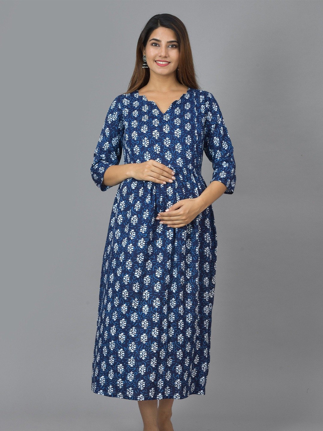 

KALINI Blue Ethnic Motifs Maternity A-Line Midi Dress